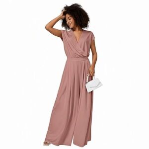 Halara V Neck Short Sleeve Waffle Flowy Leg Jumpsuit Rose Dawn NWT Small